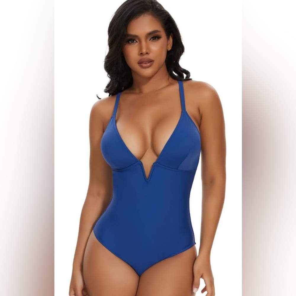 Shaperin Women’s Blue Deep V Neck One Piece Swimsuit
